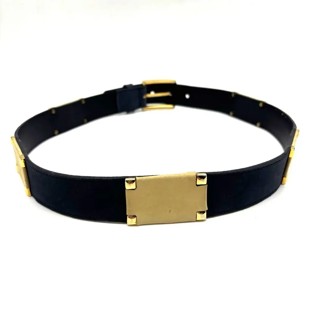 1980s Roberto Bellido Navy & Cream Genuine Leather Gold Studs Waist Belt 29-31